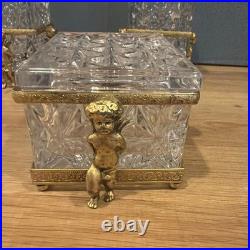 Vintage Cherub Ormolu Cut Crystal Glass Perfume Bottles & Jewelry Box 3 Pc Set