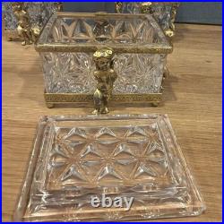 Vintage Cherub Ormolu Cut Crystal Glass Perfume Bottles & Jewelry Box 3 Pc Set