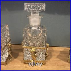 Vintage Cherub Ormolu Cut Crystal Glass Perfume Bottles & Jewelry Box 3 Pc Set
