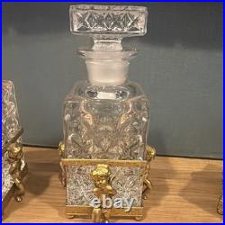 Vintage Cherub Ormolu Cut Crystal Glass Perfume Bottles & Jewelry Box 3 Pc Set