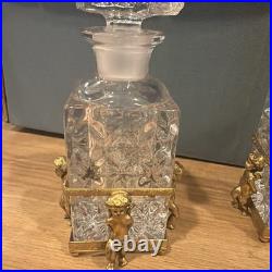 Vintage Cherub Ormolu Cut Crystal Glass Perfume Bottles & Jewelry Box 3 Pc Set