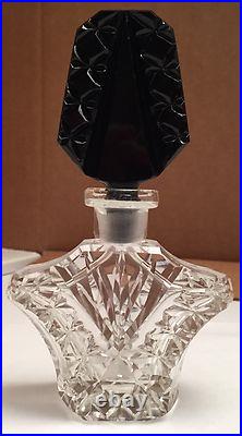 Vintage Clear Crystal Czecholslovakian Perfume Bottle With Opaque Black Stopper