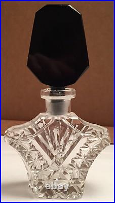 Vintage Clear Crystal Czecholslovakian Perfume Bottle With Opaque Black Stopper