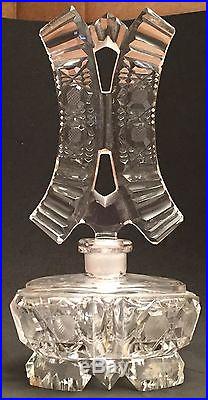Vintage Clear Cut Crystal Czechoslovakian Perfume Bottle with Stylized M Stopper