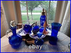 Vintage Cobalt Blue Glass Perfume Bottles Vanity Extravaganza! Gorgeous Color