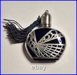 Vintage Cobalt Glass Perfume Bottle 935 Silver Overlay Art Deco Crown Stopper 2
