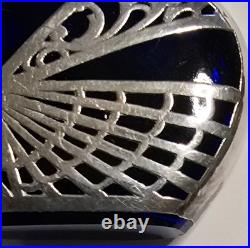 Vintage Cobalt Glass Perfume Bottle 935 Silver Overlay Art Deco Crown Stopper 2