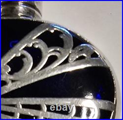 Vintage Cobalt Glass Perfume Bottle 935 Silver Overlay Art Deco Crown Stopper 2