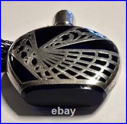 Vintage Cobalt Glass Perfume Bottle 935 Silver Overlay Art Deco Crown Stopper 2