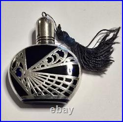 Vintage Cobalt Glass Perfume Bottle 935 Silver Overlay Art Deco Crown Stopper 2