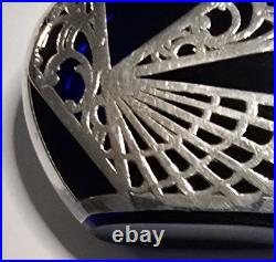 Vintage Cobalt Glass Perfume Bottle 935 Silver Overlay Art Deco Crown Stopper 2