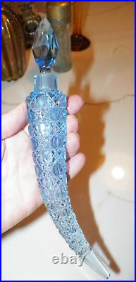 Vintage Crystal Blue Horn Shape Perfume Bottle 9 1/2
