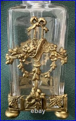 Vintage Crystal Perfume Bottle Ornate Gilt Brass Baskets Bows Dauber Intact Vintage Crystal Perfume Bottle Ornate Gilt Brass Baskets Bows Dauber Intact