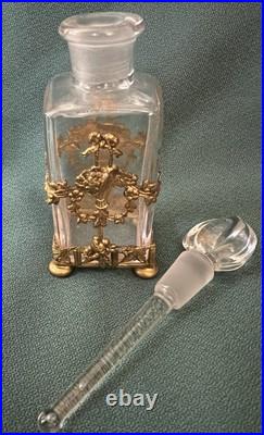 Vintage Crystal Perfume Bottle Ornate Gilt Brass Baskets Bows Dauber Intact Vintage Crystal Perfume Bottle Ornate Gilt Brass Baskets Bows Dauber Intact