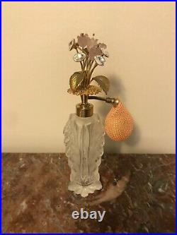 Vintage Crystal Perfume Bottle With Atomizer- Gold Filigree- Flower Topper