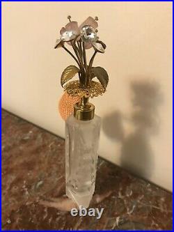 Vintage Crystal Perfume Bottle With Atomizer- Gold Filigree- Flower Topper