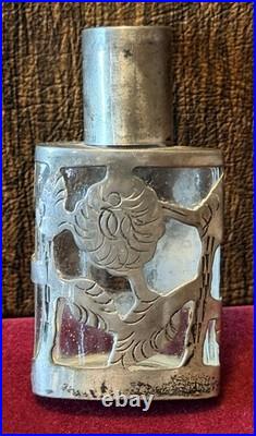 Vintage Crystal Perfume Bottle With Fancy Art Deco Style Stopper & Silver Bottle