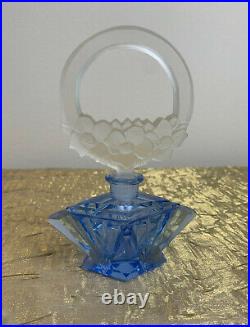Vintage Crystal Signed CZECH Art Deco BLUE Crystal Perfume Bottle with Stopper