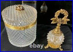 Vintage Cut Diamond Pattern Glass Ormolu Trinket Hinged Box and Perfume Bottle