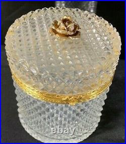 Vintage Cut Diamond Pattern Glass Ormolu Trinket Hinged Box and Perfume Bottle