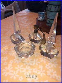 Vintage Cut Glass Lead Crystal Perfume Bottles Triangle Prism Boudoir Vanity Set