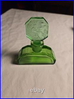Vintage Czech Art Deco Green Glass Perfume Bottle Figural Intaglio Stopper 4