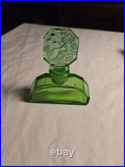 Vintage Czech Art Deco Green Glass Perfume Bottle Figural Intaglio Stopper 4