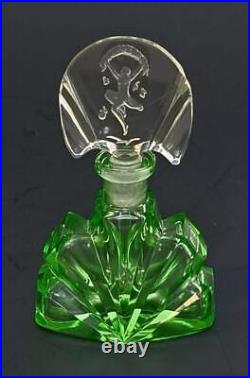 Vintage Czech Art Deco Green Glass Perfume Bottle withIntaglio Goddess Stopper