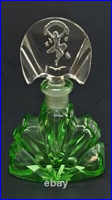 Vintage Czech Art Deco Green Glass Perfume Bottle withIntaglio Goddess Stopper