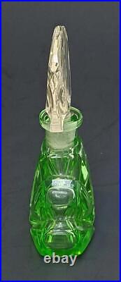 Vintage Czech Art Deco Green Glass Perfume Bottle withIntaglio Goddess Stopper