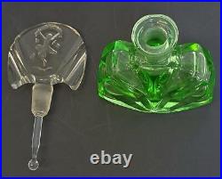 Vintage Czech Art Deco Green Glass Perfume Bottle withIntaglio Goddess Stopper