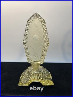 Vintage Czech Art Deco Yellow Glass Perfume Bottle with Intaglio Floral Stopper