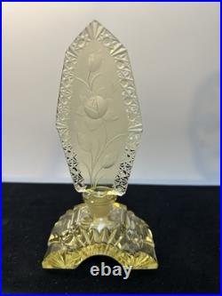Vintage Czech Art Deco Yellow Glass Perfume Bottle with Intaglio Floral Stopper