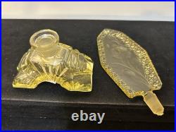 Vintage Czech Art Deco Yellow Glass Perfume Bottle with Intaglio Floral Stopper