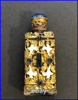 Vintage Czech Blue Rhinestone Enamel Mini Perfume Bottle