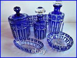 Vintage Czech/Bohemian Blue Cut To Clear Glass Perfume Vanity SET Perfume bottle
