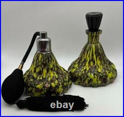 Vintage Czech Bohemian Colored Spatter Glass Perfume Bottles 2 Piece Set