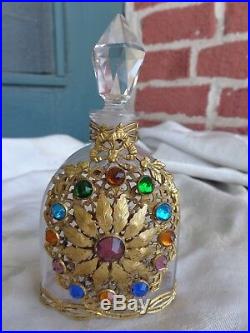 Vintage Czech Era Colorful Jeweled Glass Floral Gold Filigree Perfume Bottle