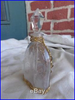 Vintage Czech Era Colorful Jeweled Glass Floral Gold Filigree Perfume Bottle