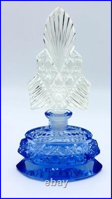 Vintage Czech Glass Blue & Clear Cut Glass Perfume Bottle and Stopper Marked Vintage Czech Glass Blue & Clear Cut Glass Perfume Bottle and Stopper Marked