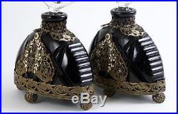 Vintage Czech Glass Perfume Bottle Pair, Enameled Applied Filigree Ball Feet