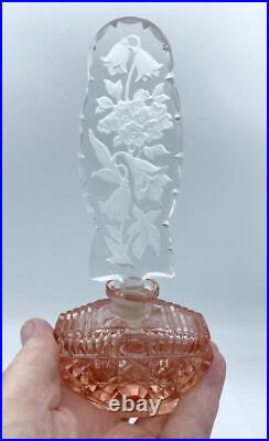 Vintage Czech Glass Perfume Bottle Pink with Clear Floral Stopper