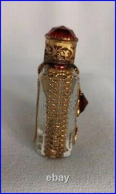 Vintage Czech Gold Filigree Red Jeweled Miniature Glass Perfume Bottle