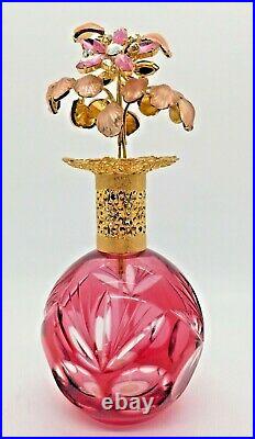 Vintage Czech Irice Jeweled Rhinestone Cranberry Perfume Bottle Atomizer MINT