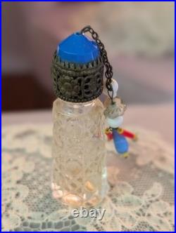 Vintage Czech Irice Mini Perfume Scent Bottle with Charm Dangles Cap Glass Stopper