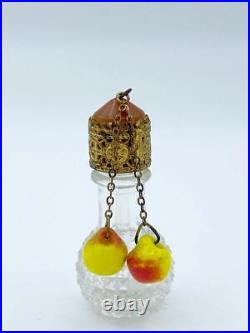 Vintage Czech Irice Perfume Bottle with Jeweled Top & Two Fruit Charms