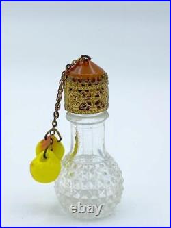 Vintage Czech Irice Perfume Bottle with Jeweled Top & Two Fruit Charms