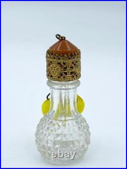 Vintage Czech Irice Perfume Bottle with Jeweled Top & Two Fruit Charms