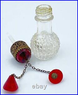 Vintage Czech Irice Perfume Bottle with Red Jeweled Top and Two Red Glass Charms