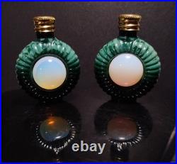Vintage Czech Malachite Glass Perfume Bottle Pair 2 Opalescent Cabochon
